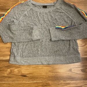 Free Press Grey Cropped Sweater with Rainbow Stripe Sleeve